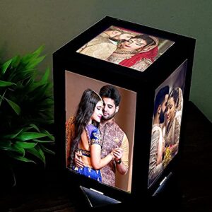 Customized Led Table Lamps With 5 Personalized Photo Frames Rotating Cube For Home & Bedroom Decorative Light Frame Set, 10 X 10 X 155 Cm, Black, Pack Of 1(Wood)